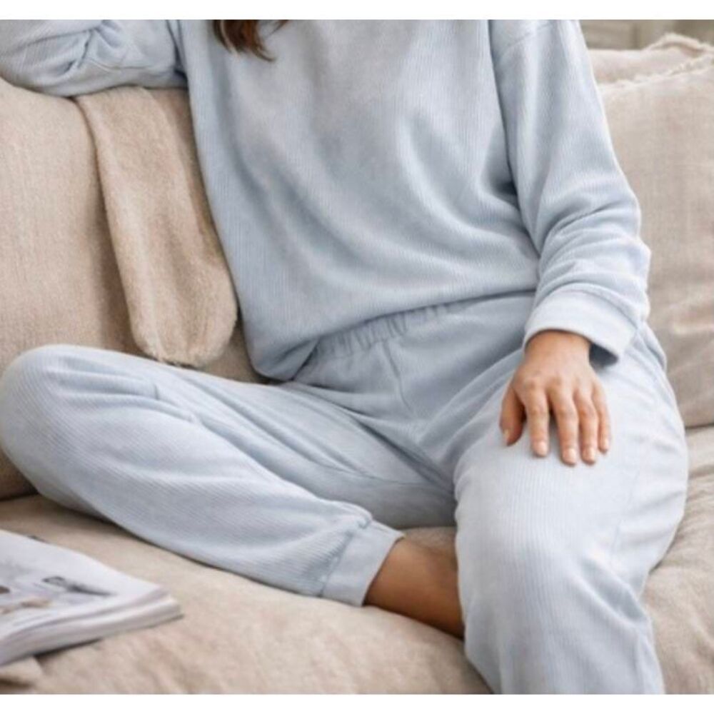 Yogalicious Asbury dreamy ribbed velvet plush lounge sleep pants light blue L